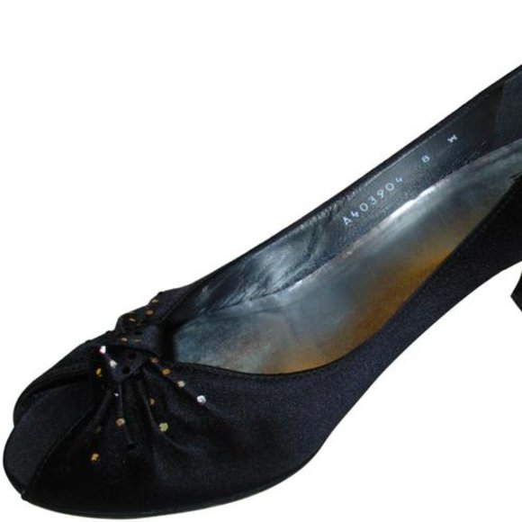 **Stuart Weitzman Black Peau De Soie Peep Toe Tonal Rhinestone Accent Pumps - Picture 1 of 7